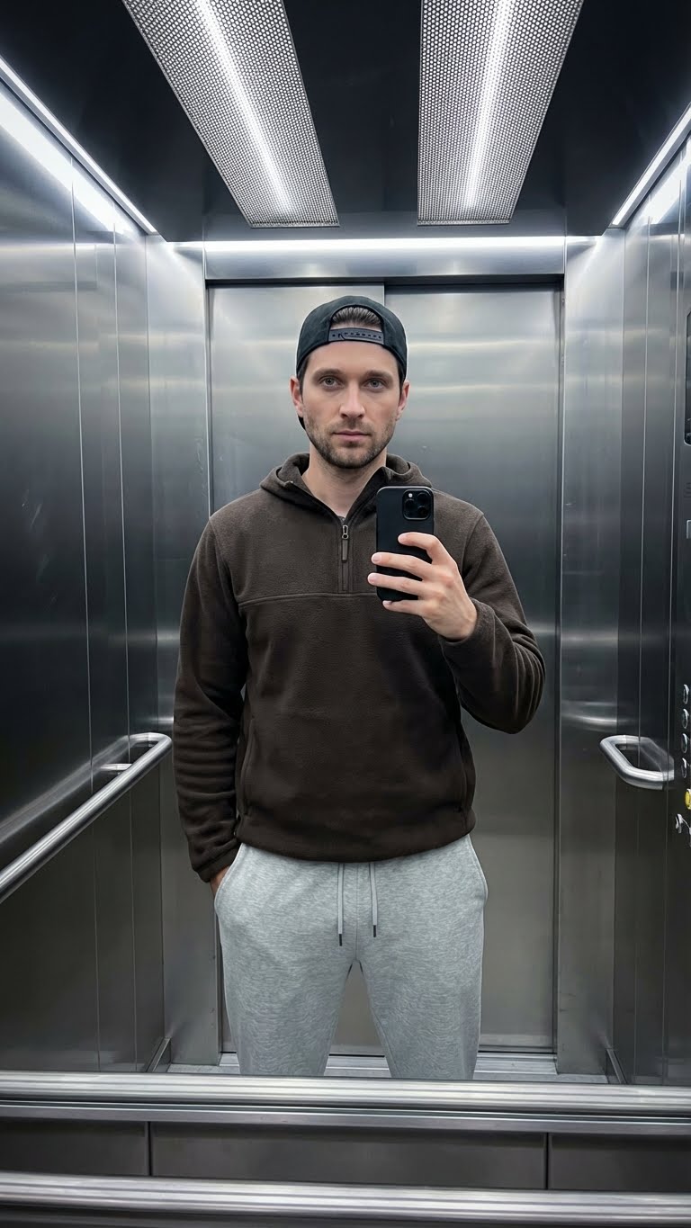 Используй загруженное фото для лица — точно сохрани ВСЕ черты: разрез глаз, форму носа, губы, овал лица, брови, подбородок. Лицо должно быть полностью идентично.
Человек в полный рост делает зеркальное селфи в современном лифте. Чёрная бейсболка, тёмно-коричневый свитшот или худи с короткой молнией у воротника, светло-серые спортивные штаны с завязкой. Правая рука держит чёрный смартфон, левая рука расслаблена в кармане. Естественная повседневная поза. Интерьер лифта: панели из нержавеющей стали, хромированные поручни, прямоугольные сетчатые потолочные светильники, мягкие отражения на металлических стенах. Холодное верхнее LED-освещение создаёт умеренный контраст и мягкие тени. Естественная нейтральная цветовая гамма. Реалистичная текстура тканей и металла. Лёгкая виньетка по краям кадра.
Shot on smartphone camera, 35mm equivalent, f/2-2.8, high resolution. Цвета: чёрный, тёмно-коричневый, светло-серый, холодный металлик.
Минимализм, уличная мода, естественная резкость, селфи со смартфона, реалистичная атмосфера.
КРИТИЧНО: Лицо должно на 100% совпадать с загруженным фото.
Соотношение сторон 9:16
