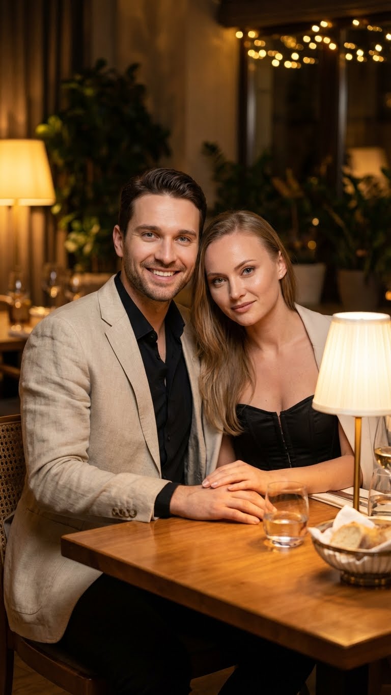 Используй все загруженные фото для создания композиции — точно сохрани ВСЕ черты лиц с каждого фото: разрез глаз, форму носа, губы, овал лица, брови, подбородок. Каждое лицо должно быть полностью идентично соответствующему загруженному фото.
Пара сидит рядом за деревянным столом в уютном вечернем ресторане. Один человек выглядит выше и крупнее, это заметно в посадке и пропорциях. Одет в стильную чёрную рубашку и бежевый льняной пиджак, сидит чуть развёрнут в сторону партнёра. Второй человек слегка наклонён к партнёру, смотрит в камеру тёплым уверенным взглядом. Одет в стильный корсетный топ и лёгкий пиджак. Мягкое золотистое освещение подчёркивает естественные черты лиц. Приглушённый фон с лёгким боке. Атмосфера спокойного романтичного вечера, ощущение близости без постановочности. Естественная текстура кожи без ретуши.
Shot on 85mm lens, f/1.8, soft golden ambient lighting, shallow depth of field. Цвета: тёплые золотистые тона, чёрный, бежевый, дерево стола.
Романтичная пара в ресторане, мягкое освещение, естественная близость, уютная атмосфера.
КРИТИЧНО: Все лица должны на 100% совпадать с загруженными фото.
Соотношение сторон 9:16