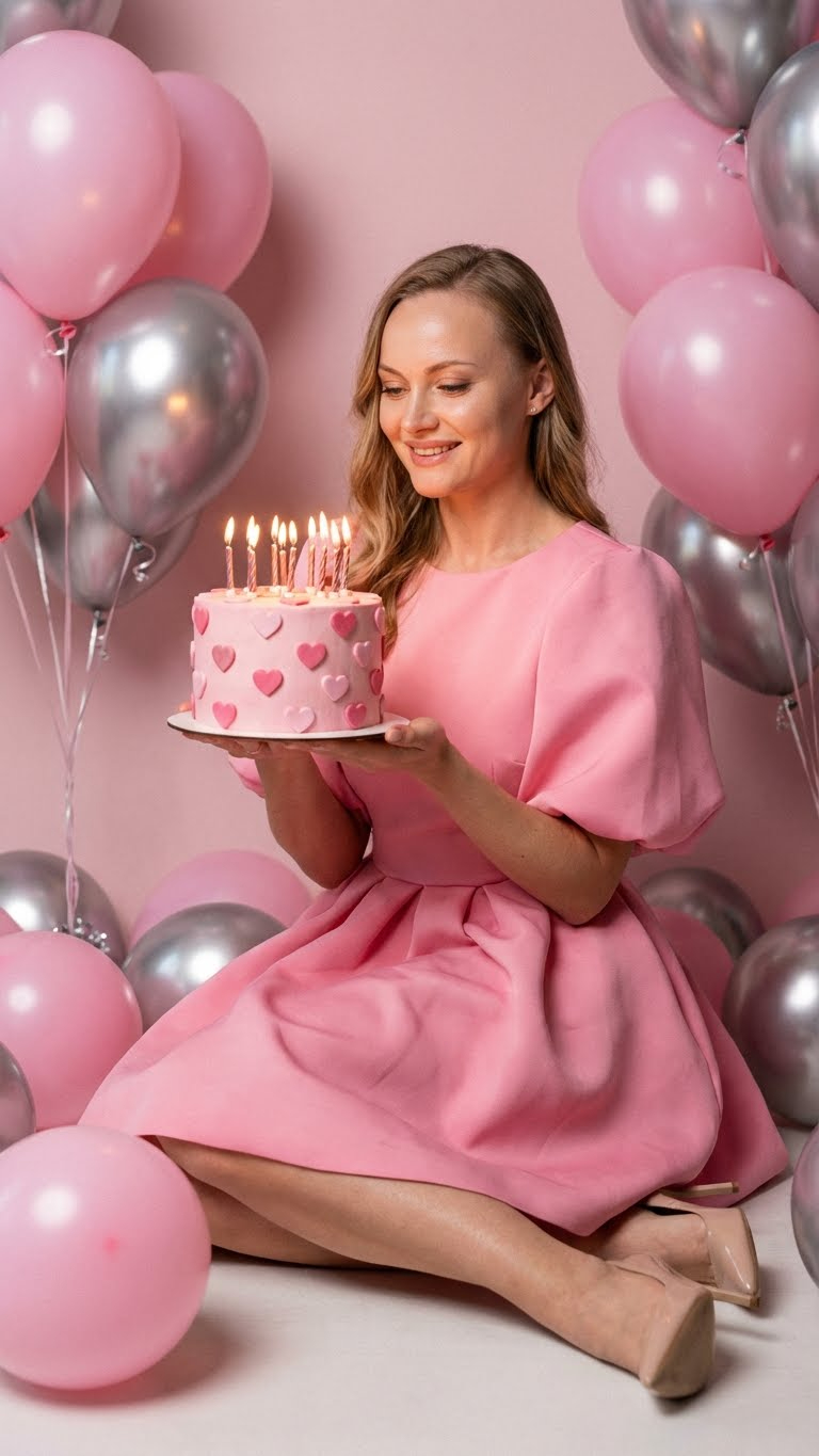 Используй загруженное фото для лица — точно сохрани ВСЕ черты: разрез глаз, форму носа, губы, овал лица, брови, подбородок. Лицо должно быть полностью идентично.
Человек сидит на полу в окружении розовых и серебристых воздушных шаров. Держит милый торт с сердечками и зажжёнными свечами. Смотрит на торт с улыбкой. Розовое структурированное платье с объёмом и женственным силуэтом. Розовые или нюдовые туфли на каблуке. Розовый фон. Счастливая нежная атмосфера праздника. Мягкий студийный свет. Реалистичное свечение от свечей. Высокая детализация кожи, ткани платья и текстуры торта.
Shot on 85mm lens, f/2.0, soft studio lighting. Цвета: розовый, серебристый, нюдовый, тёплые тона свечей.
Романтичная editorial фотография дня рождения, мягкая зернистость, естественные детали.
КРИТИЧНО: Лицо должно на 100% совпадать с загруженным фото
Соотношение сторон 9:16