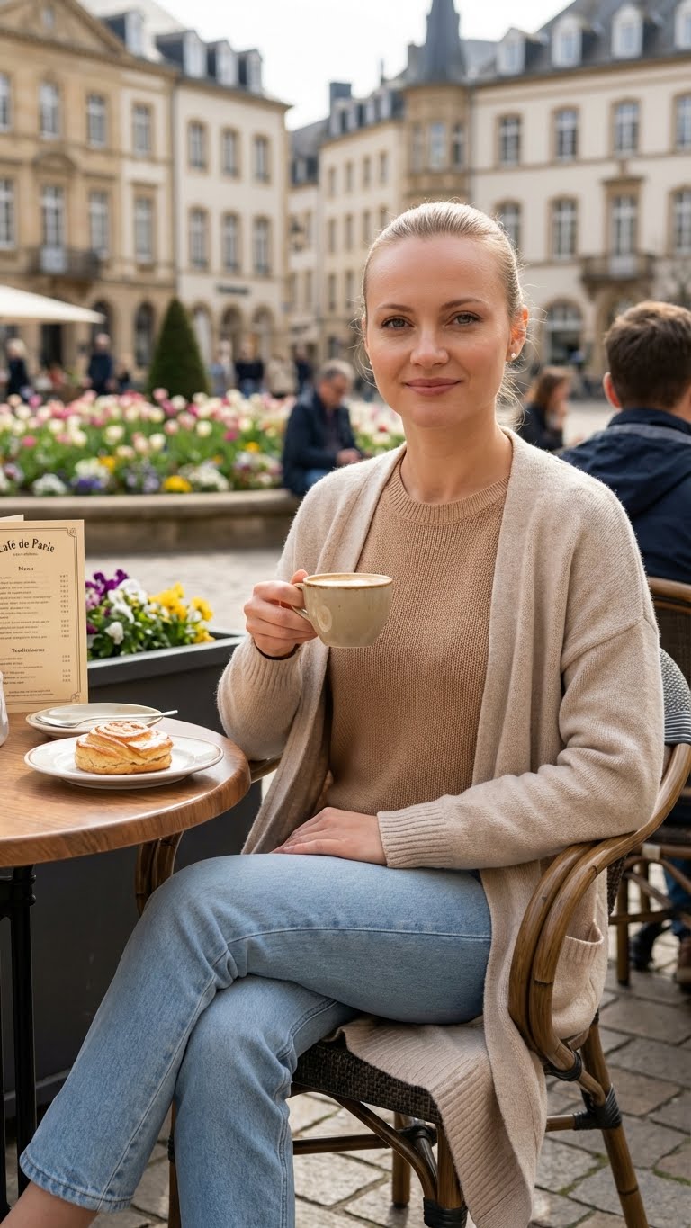 Не меняй черты лица девушки с референса. Крупный портрет молодой девушки, в длинном светло-бежевом кардигане, под которым надета облегающая трикотажная кофточка тёплого бежевого оттенка, светло-голубые прямые джинсы. Она уютно расположилась на террасе Café de Paris на Place d’Armes, Люксембург. Молодая девушка элегантно держит чашку кофе, на столе аккуратное пирожное на белой тарелке, рядом — меню в традиционном стиле. За её плечом — размытый фон с жизнью площади, историческая архитектура и цветущие клумбы. Весенний свет озаряет лицо девушки, подчёркивая мягкие черты, лёгкую улыбку и атмосферу беззаботного европейского утра. Фотореалистичное изображение, высокая текстурная детализация, высокое качество, разрешение 8К. Формат 9:16.
