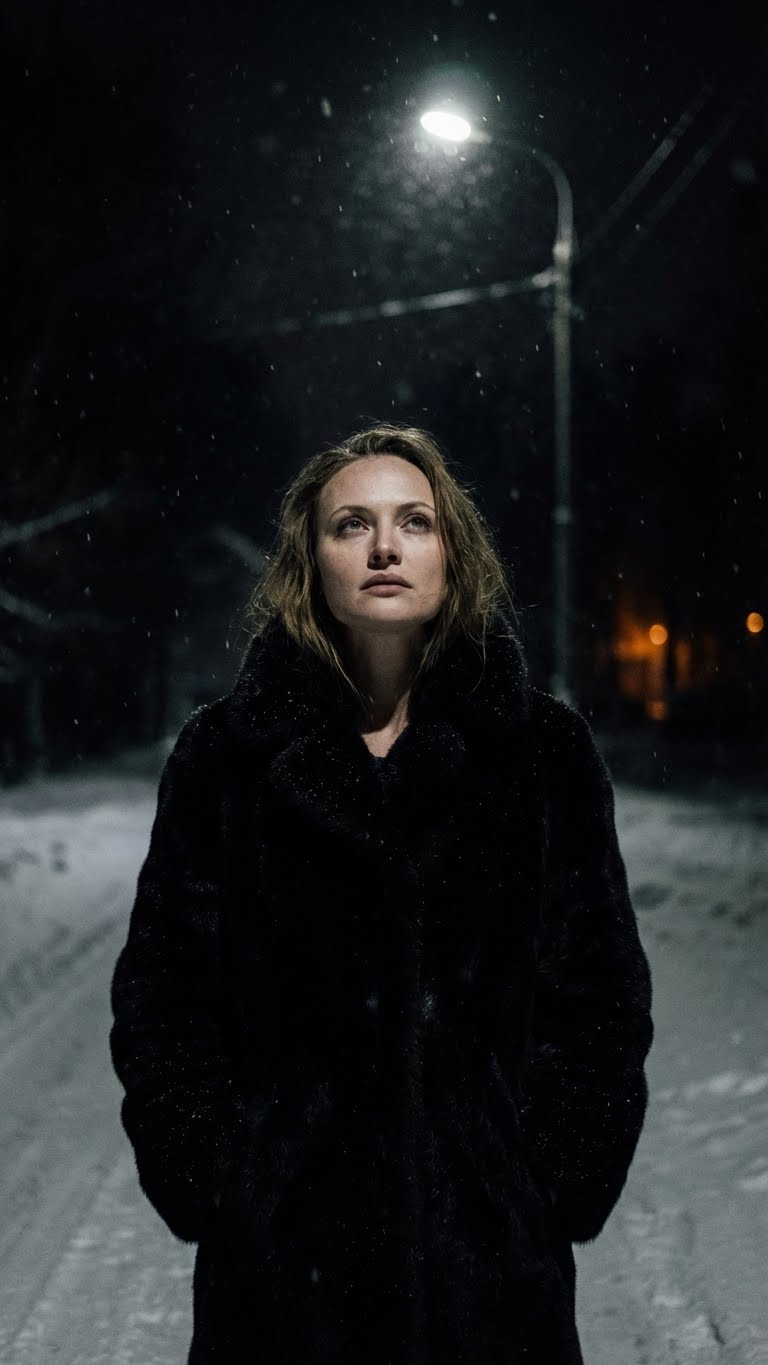 Generate the scene described below, but keep the face identical to the reference image. Do not alter the facial features or identity. Copy the reference face 1:1.
A hyper-realistic, cinematic fashion editorial portrait set outdoors at night during winter, deeply inspired by late Soviet and early post-Soviet aesthetics of the 1980s–1990s. The scene feels like a frozen frame from a dark Eastern European arthouse film, heavy with silence, cold, and emotional weight.
The composition is vertical, minimal, and dominated by darkness. A young woman stands alone on a snow-covered city street at night. Snow falls slowly through the frame, barely visible except where it catches the light, enhancing the sense of isolation and time suspended.
The lighting is extremely low-key and dramatic. The only source of light is a single Soviet-style streetlamp positioned above her, casting a narrow cone of cold, directional light downward. Everything outside this light fades into near-total darkness. The light falls sharply on the top of her face, fur coat, and shoulders, while deep shadows consume the rest of her body and the background.
The woman stands slightly turned, her body grounded and still. Her head is tilted upward, eyes lifted toward the streetlamp, as if searching for warmth, answers, or escape. Her expression is serious, introspective, and quietly vulnerable — stoic yet emotionally charged, with no smile, no performance.
She wears a heavy, oversized fur coat typical of Soviet winter outerwear — dark, voluminous, and utilitarian (deep black, charcoal, or very dark brown). The fur texture is thick and matte, catching highlights only where the light touches it. The coat feels worn, authentic, and protective. Beneath it, dark minimal clothing blends into shadow.
Her hair is dark, natural, and slightly disheveled by wind and falling snow. Makeup is almost nonexistent: pale winter skin, soft shadows under the eyes, muted lips, visible skin texture and imperfections. Her face feels real, human, and unidealized.
The environment is barely readable: faint outlines of snow on the ground, distant shapes of trees or buildings dissolving into blackness. Occasional warm, blurred points of light appear far behind her, but they are weak and subdued, never competing with the streetlamp above.
The color palette is stark and restrained: deep blacks, cold grays, snow-white highlights, and subtle amber tones from the lamp. Strong contrast, crushed shadows, and visible film grain evoke analog Soviet-era cinematography.
The overall mood is dark, poetic, and haunting — a moment of stillness beneath a single light in an endless winter night. High fashion meets historical realism. Ultra-realistic textures, falling snow particles, cinematic noir lighting, Soviet-era minimalism, analog film feel, 8K realism.
Negative prompt (optional):
bright lighting, multiple light sources, modern neon, glamour makeup, smiling, glossy luxury, daylight, CGI look, plastic skin, cluttered background, exaggerated posing